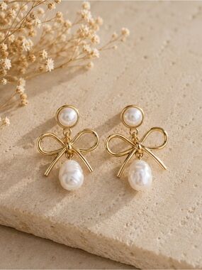Sugarfix Gold Bow Pearl Drop Earrings - White Pearlescent Accent